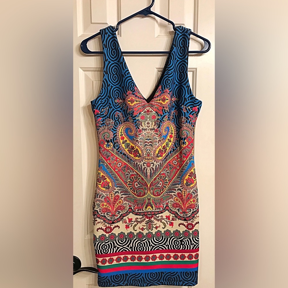 Bebe Sexy Dress, Form Fitted, Beautiful Multicolors.